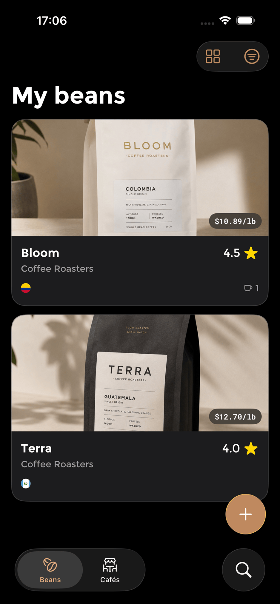 The Beans app showing the My beans list with Bloom and Terra, each with a bag photo, price and rating.