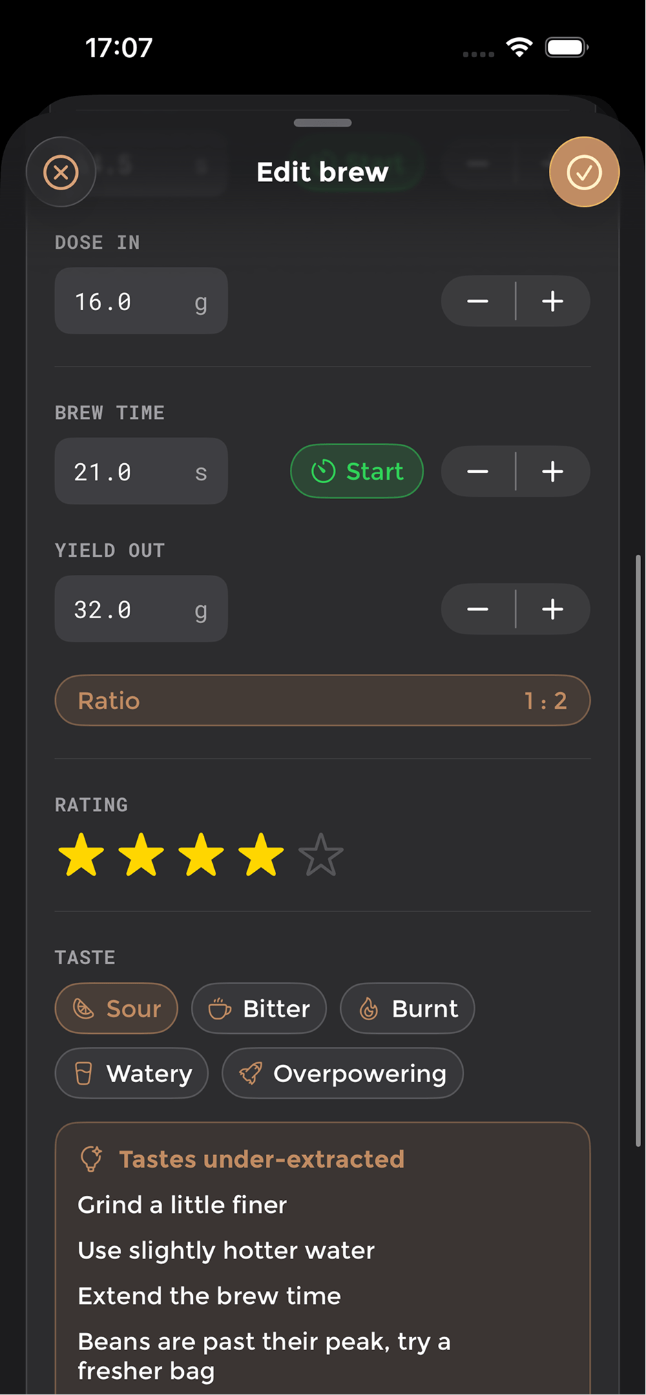 Edit brew screen with dose, brew time, yield and ratio, plus a brew advisor reading Tastes under-extracted with suggested fixes.