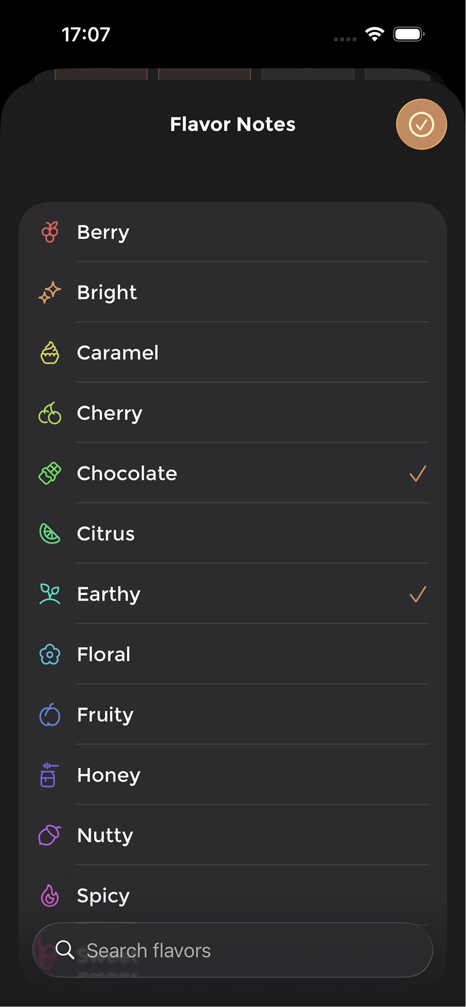 Flavor Notes picker listing berry, bright, caramel, cherry, chocolate, citrus and more, each with a colored icon.