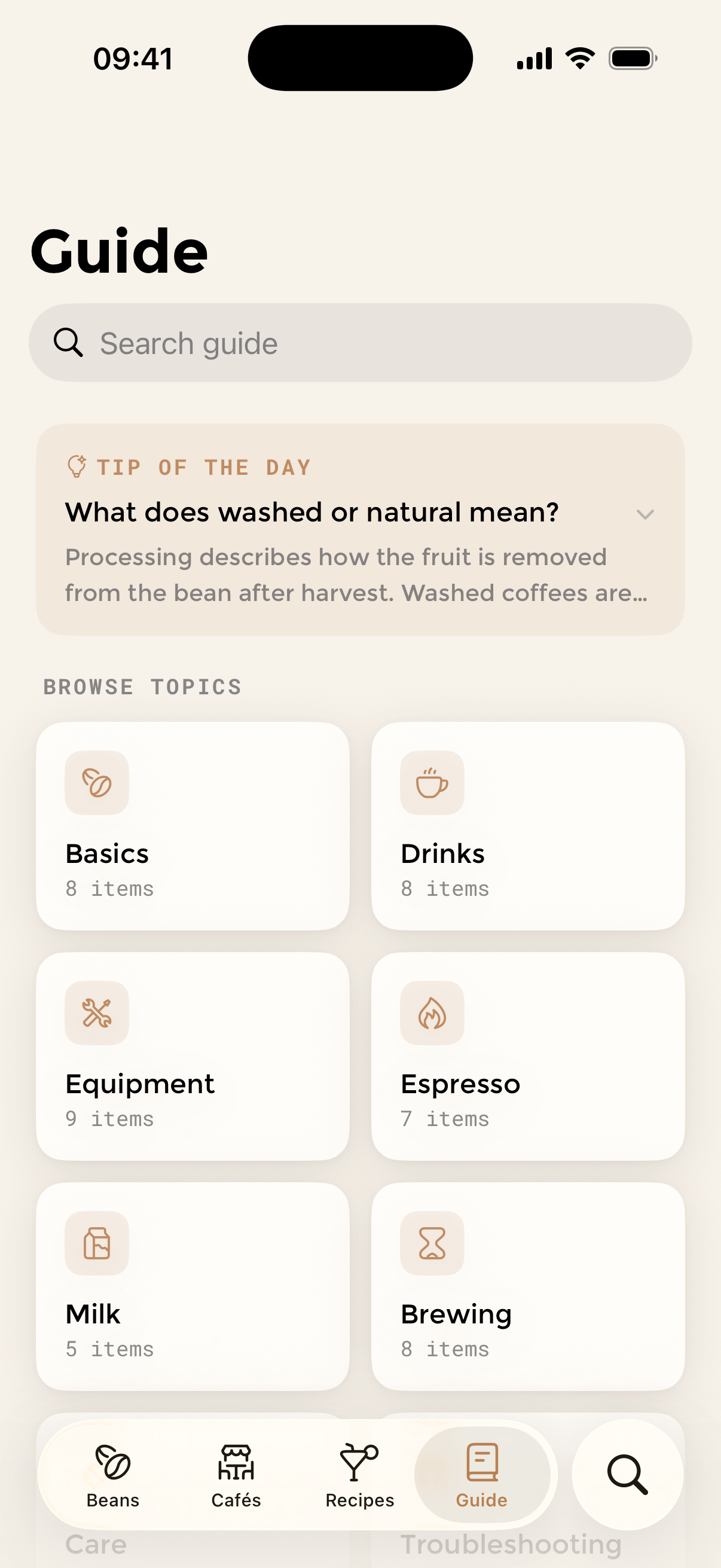 The Guide tab showing a tip of the day above topic cards like Basics and Espresso.