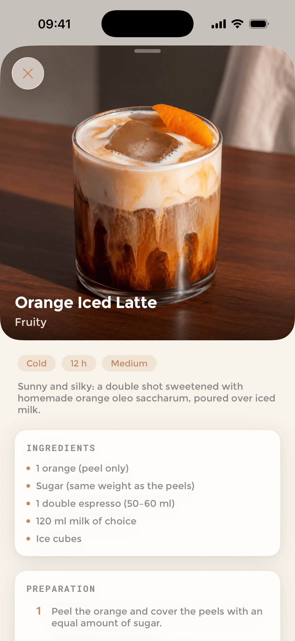The Recipes tab showing a recipe of the day above a grid of drink categories.