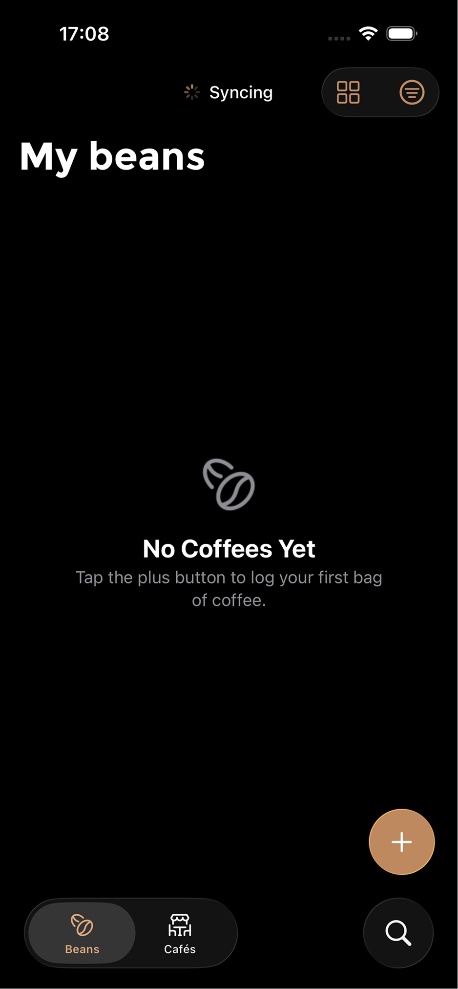 The Beans app syncing over iCloud, with a Syncing indicator at the top of the My beans screen.